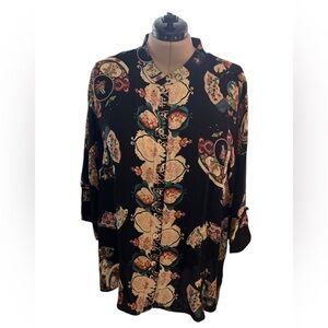 Citron Silk Asian Print Mandarin Collar Black Tunic Sz 3X